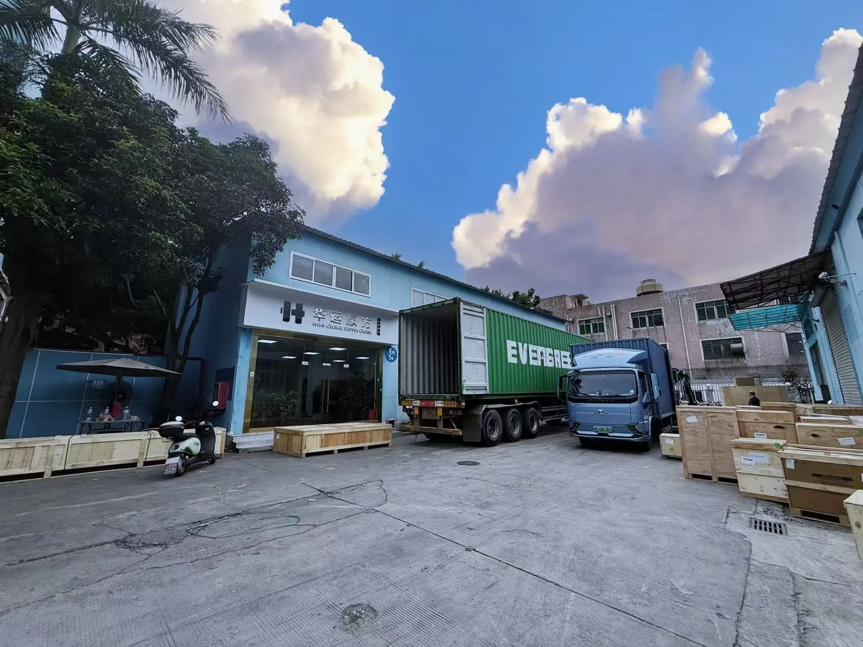 Container truck departing the HYHF warehouse for an international shipment