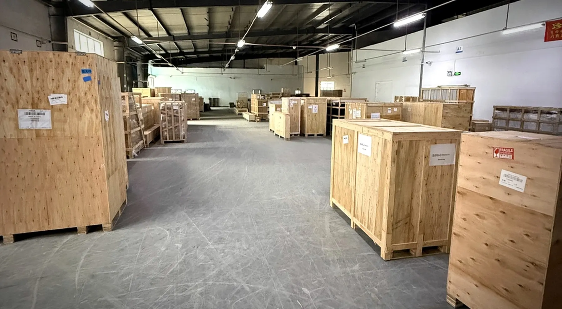 Rows of furniture and home-furnishing cargo packed in wooden crates at HYHF